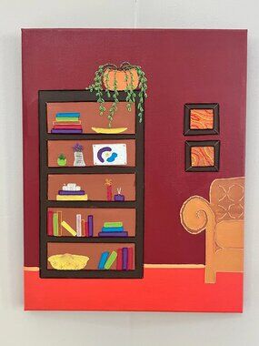 Handmade Embroidered Mixed Media Canvas Wall Art – Bookshelf & Living Room Scene